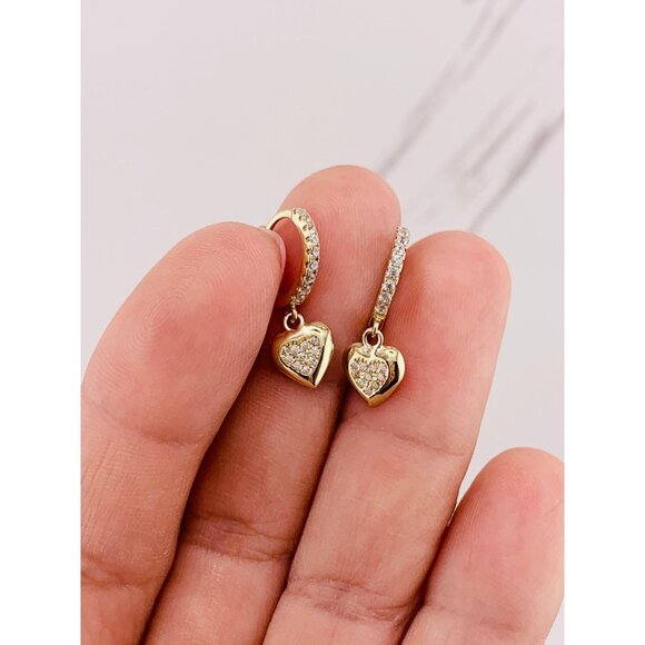 10k solid gold earrings hearts huggies dangling - Picture 1 of 4
